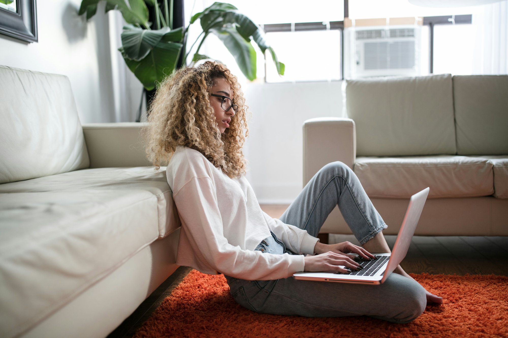 woman looking at computer